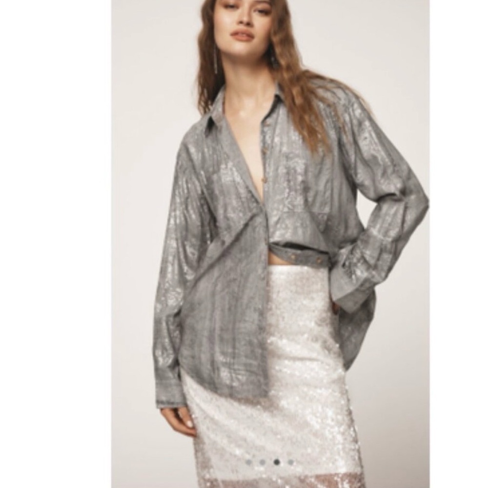 Anthropologie Pilcro Sage Green Foil Shine Button Down Shirt Top Size S - Picture 16 of 16